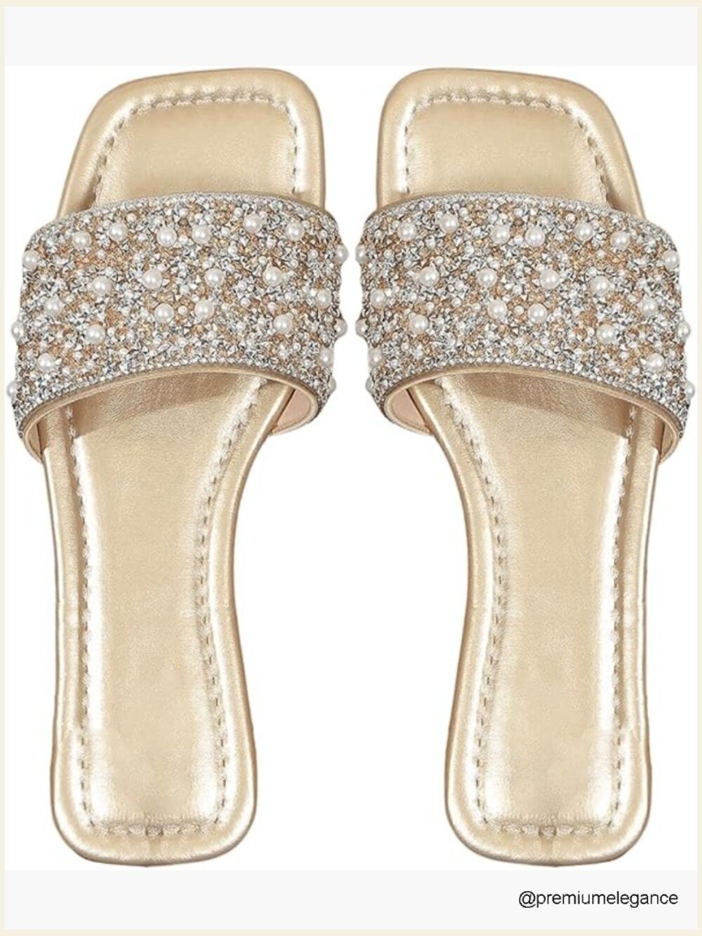 Sparkly Rhinestone Pearl Bridal Flat Sandals Boho Wedding Square Toe Slip On